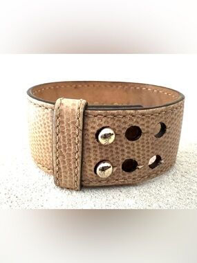 COACH Vintage Snake Embossed Leather Wide Cuff Bracelet Tan Adjustable